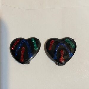 Heart-Shaped Black Earrings with Red, Blue, and Green Accents